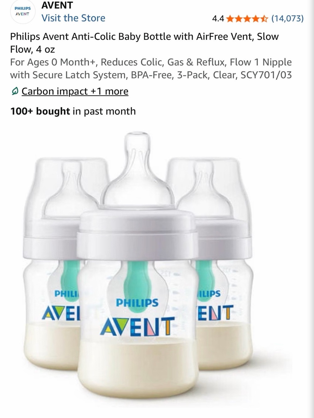 Philips Avent Anti-Colic Baby Bottles 4 oz 3-Pack with AirFree Vent